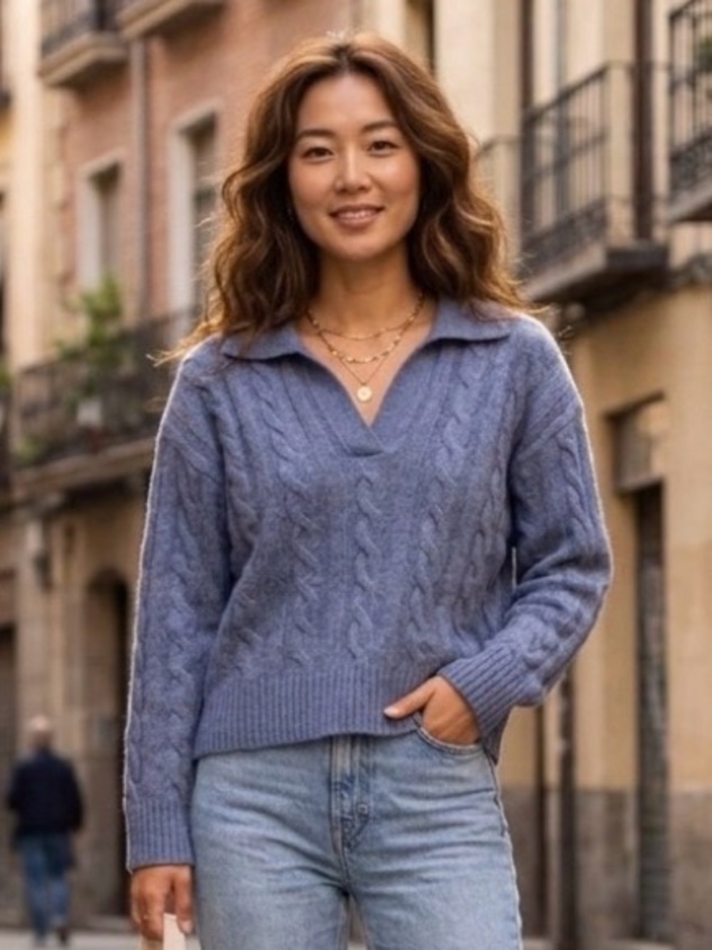 GU V-Neck Cable Knit Sweater with collar, Blue, women’s Size Large